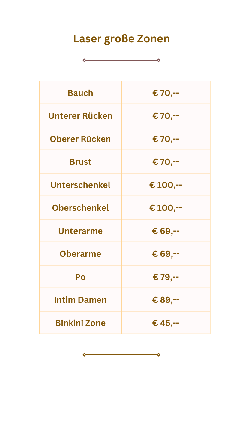 Liste mit Preisen für Laserbehandlungen an grossen Körperbereichen